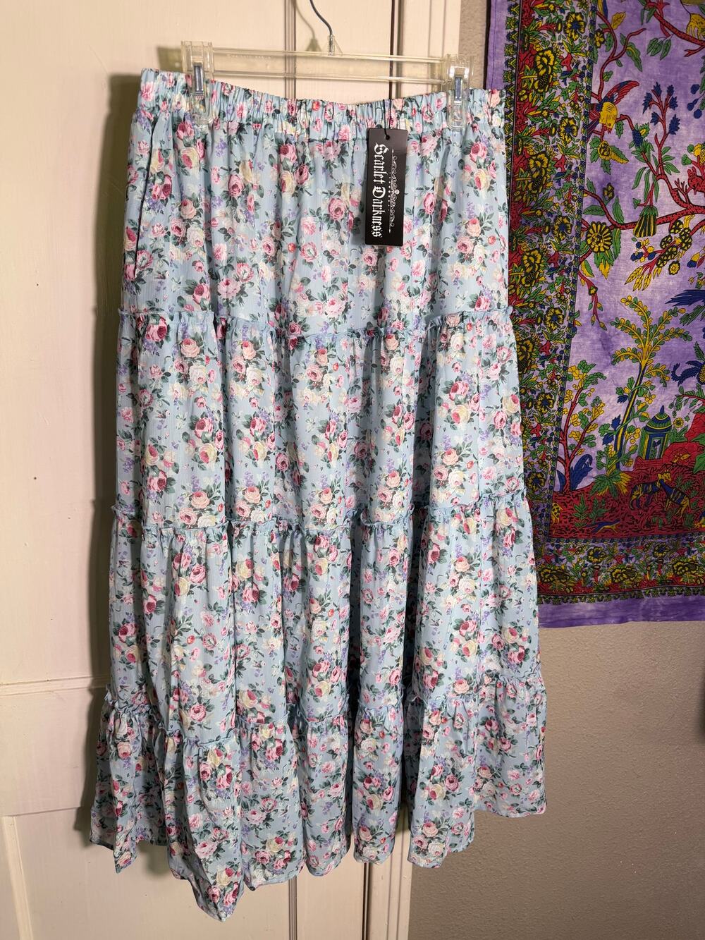 Scarlet Darkness Floral Tiered Maxi Skirt XL Blue Pink Rose Cottagecore